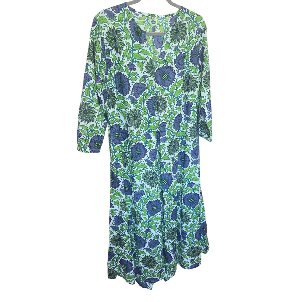 Dolma Calypso Dress Long Maxi Green Blue Floral Pockets Flowy Boho Cotton Medium